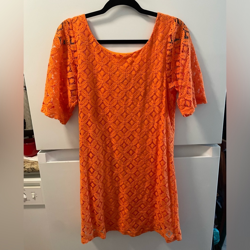 Orange, short sleeve lace, mini dress